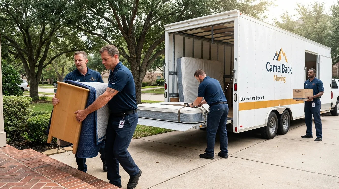 Crew loading residential truck for cross-state move from Momence, IL