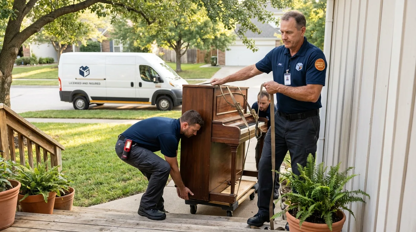 Licensed piano movers securing grand piano in Momence, IL