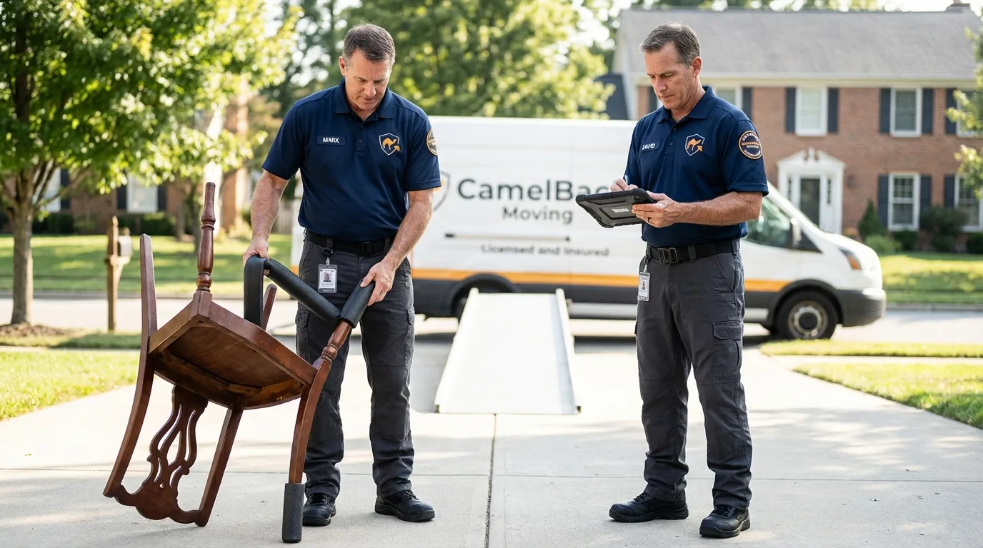 Movers inspecting furniture for damage prevention before loading in Momence, IL