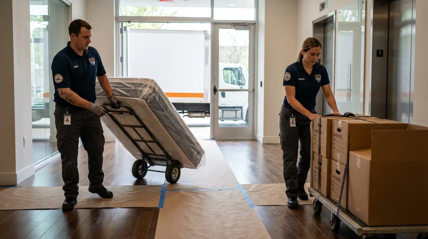 Professional apartment movers loading elevator in Momence, IL
