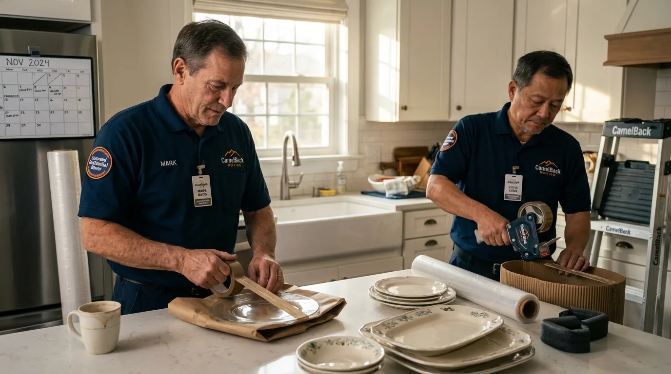 Professional crew packing kitchen dishware in Momence, IL
